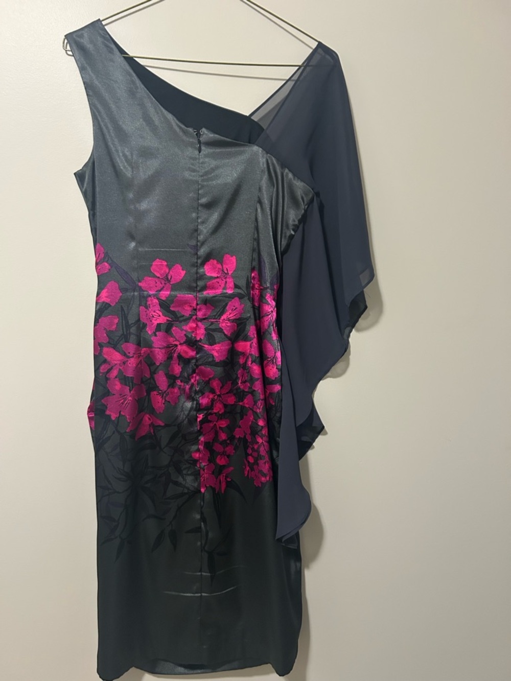 le chateau One-Shoulder Charcoal Dress with Fuchsia Floral